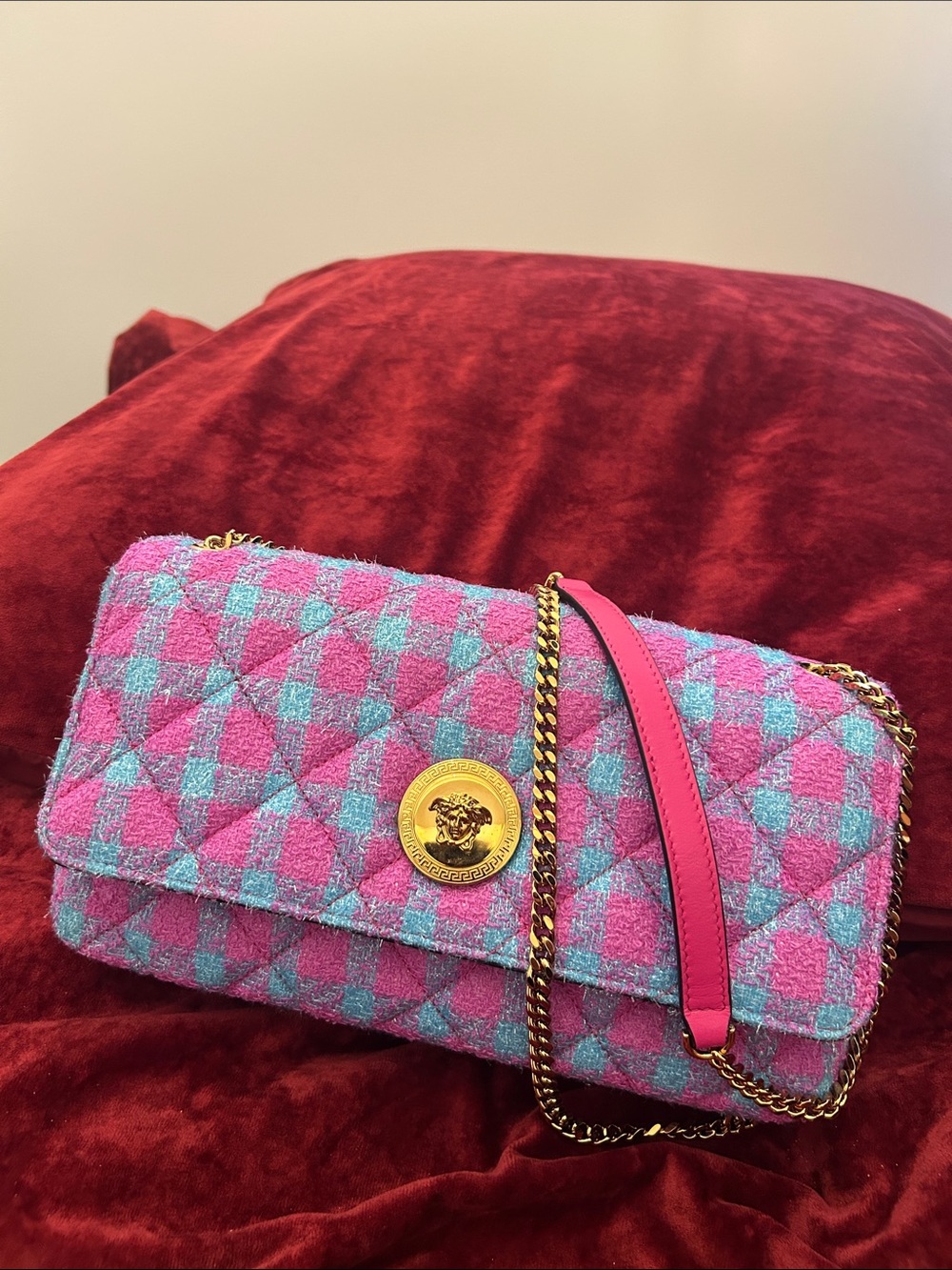 Pink & Aqua Quilted Tweed Shoulder Bag with Gold Medallion